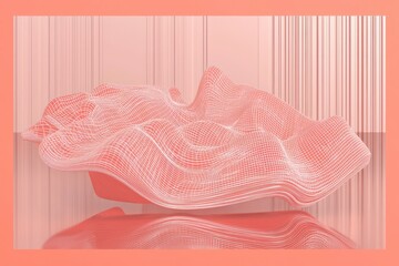 Muted coral borders frame a high-resolution 3D wireframe mock-up, symmetrically set on a polished surface.