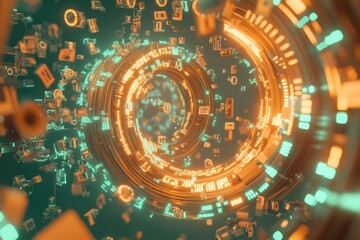 Abstract Digital Corridor With Binary Codes and Glowing Lights in a Futuristic Data Center Setting