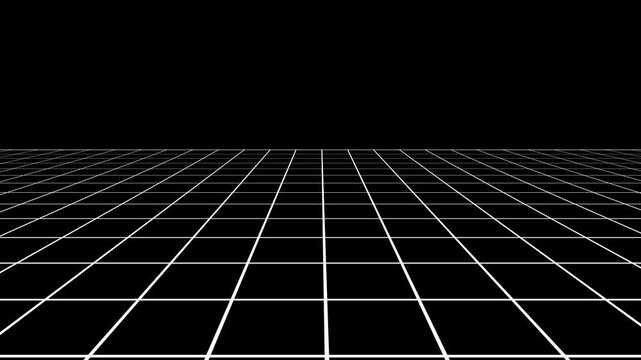 Side scrolling Perspective wireframe grid and white. Seamless loop. 