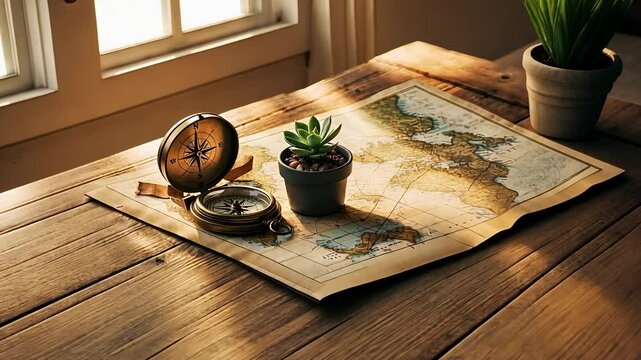 Vintage Compass and Succulent Plant on Old World Map with Sunlight Streaming Through a Window

