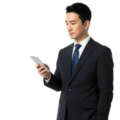 Businessman in Suit Using Smartphone on Transparent Background. PNG