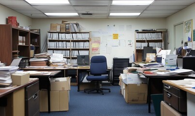Overwhelmed office, piles of paperwork, cluttered desks.