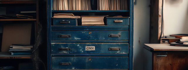 Obraz premium A tall, dark blue bookcase with three drawers and five shelves for papers 