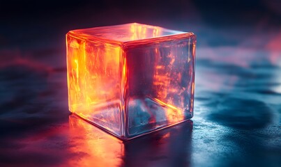A transparent cube with fiery orange and dark blue swirling within, on dark surface
