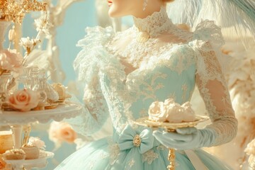 Elegant Rococo-Inspired Outfit With Pastel Blue Dress and Delicate Lace Accents in a Soft, Airy Setting