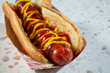 A closeup view of a hot dog.