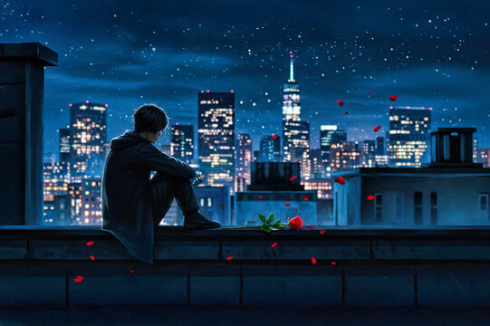 lofi music background teenager in the city at night sitting on the roof cyberpunk futuristic love , valentines cyber romance