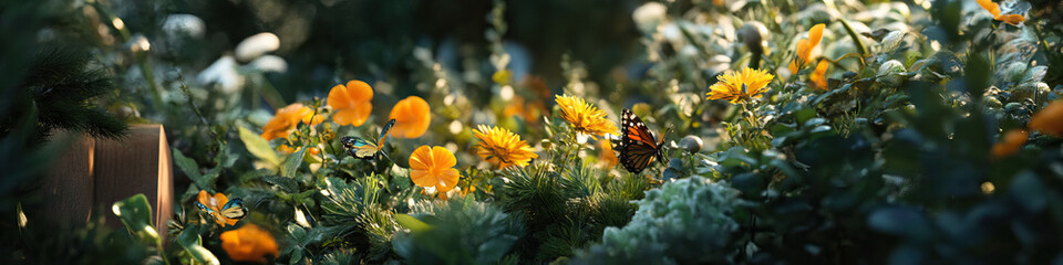 Obraz premium Orange Flowers, Butterflies, and Foliage in a Garden Setting