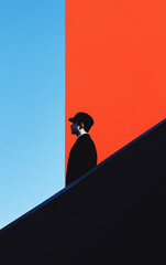 Conceptual Minimalist Composition Featuring Silhouetted Human Profiles Against a Divided Background of Vibrant Blue and Orange