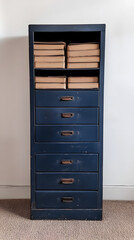 A tall, dark blue bookcase with three drawers and five shelves for papers

