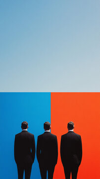 Conceptual Minimalist Composition Featuring Silhouetted Human Profiles Against a Divided Background of Vibrant Blue and Orange