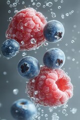 Ripe raspberries and blueberries making a splash with water droplets and bubbles on a gray background