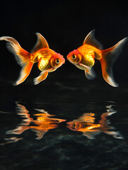 Two goldfish facing each other with reflection on water