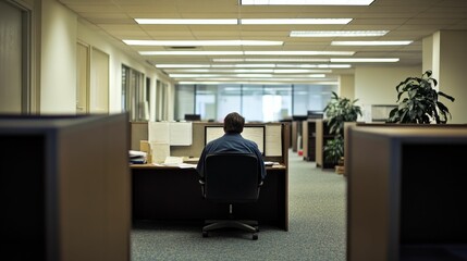 Lone worker focuses on computer screen in quiet office.