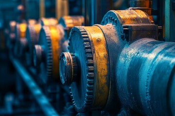 Obraz premium Industrial gears, metallic blue, orange, close-up detail.