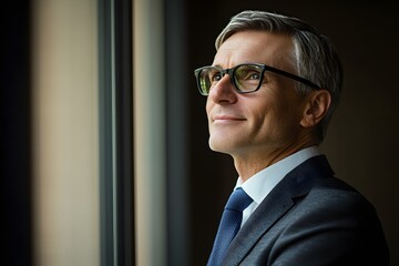 Fototapeta premium Contemplative Businessman: A portrait of a thoughtful mature businessman in a suit and glasses, gazing out a window, contemplating the future with a hopeful and serene expression. 