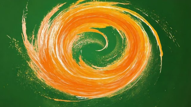 Vibrant orange and yellow paint forming dynamic clockwise vortex spinning and swirling on green screen with seamless fluid motion and gradient color transformation