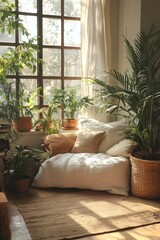 Soft floor mattress surrounded by lush greenery, bathing in warm sunlight near large windows