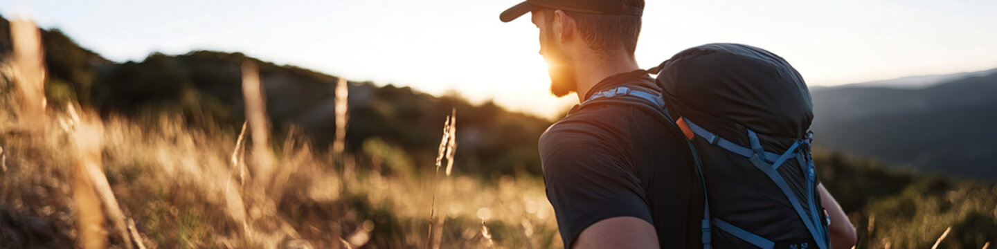 Man Hiking Hillside with Backpack at Sunset