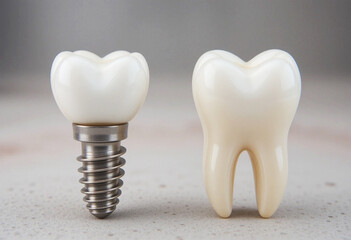 A dental implant is displayed next to a healthy tooth, showcasing the contrast between the two, emphasizing their structure and functionality