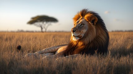 Majestic Lion Resting in the Sunlit Savanna with a Regal Golden Mane &ndash; Generative AI