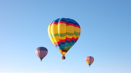 Obraz premium Colorful hot air balloons float in clear blue sky. Travel, adventure, freedom concept