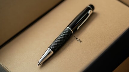 Elegant black pen rests in beige box
