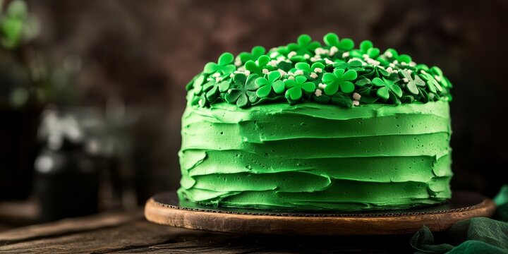 Delightful St Patrick s Day themed cake adorned with vibrant green frosting and Irish shamrock to be served as a festive treat for a St Patrick s Day party