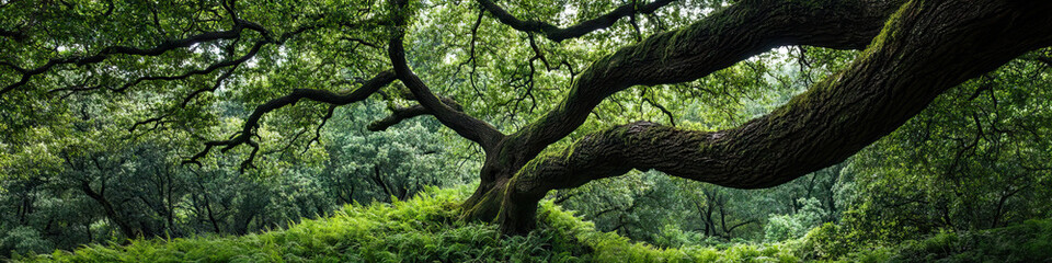 Large Oak Tree in Forest Setting with Fern Undergrowth