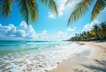 Relaxing beach view with clear waves under a bright sunny sky in a tropical location