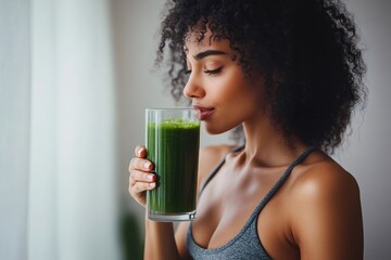 Smiling woman drinking green detox smoothie, embodying wellness and vitality while nourishing body with fresh, nutrient-rich beverage