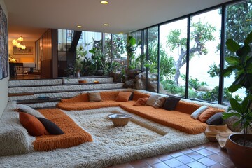 Unique sunken seating conversation pit design in modern home cozy living room indoor decor relaxing atmosphere