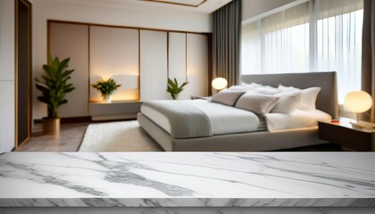 Fototapeta premium marble table top with white bed in bedroom loose focal background close up photo of contemporary interior modern living space generative ai