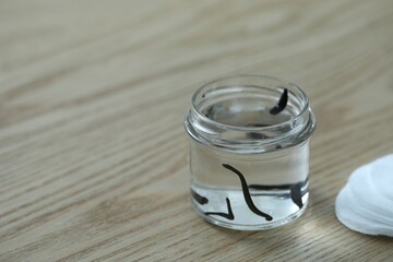 Medicinal leeches in glass jar and cotton pads on wooden table, closeup. Space for text