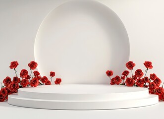 Minimal abstract background for product presentation, white podium with red roses on the sides and copy space, 8K, real photo, photography. 
