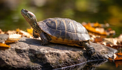 Naklejka premium Create a layered image of a turtle sunbathing on a rock, surrounded by colorful autumn foliage.