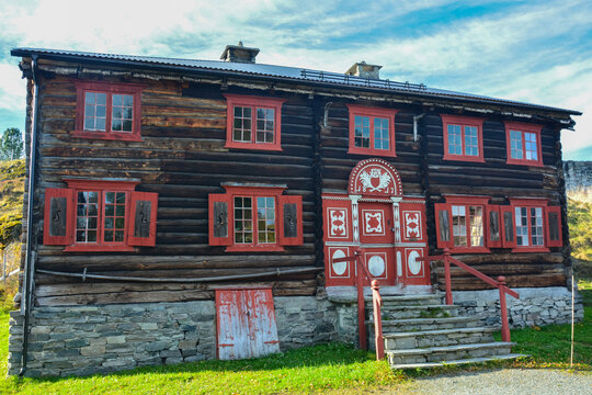 Trondheim, Norway &ndash; October 18, 2024 - The elegant entrance portal of Detlistua (The Detli house) from Oppdal built in 1817 on display in Sverresborg cultural history museum in Trondheim