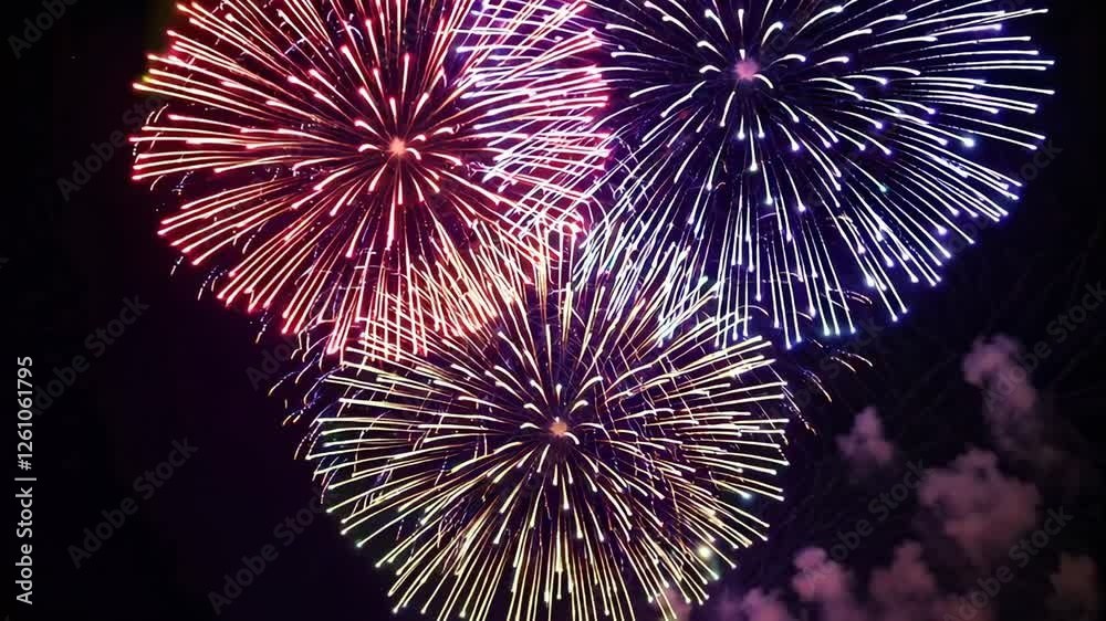 Poster colorful fireworks bursting and glowing against dark night sky, creating mesmerizing patterns of vib