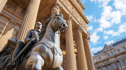 Obraz premium Equestrian statue, city hall, sunny day, classical architecture