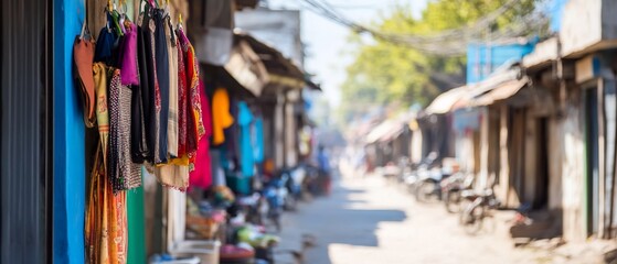 Fototapeta premium Colorful clothes hang in a vibrant Asian market street