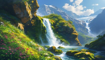 Scenic mountain waterfall cascading over rocks with verdant forest and clear sky, ideal for nature-themed designs