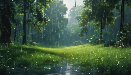 Fototapeta premium Rainy forest clearing with verdant landscape and lush greenery, ideal for nature themes and tranquil design with copy space