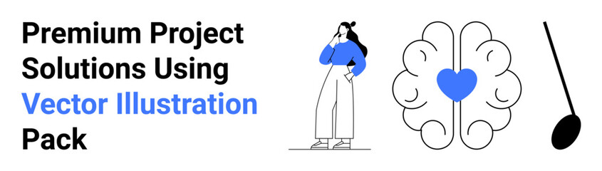 Woman in casual attire thinking alongside a brain with a blue heart inside and a simple oval shape. Ideal for creativity, innovation, brainstorming, mental health, design thinking, team