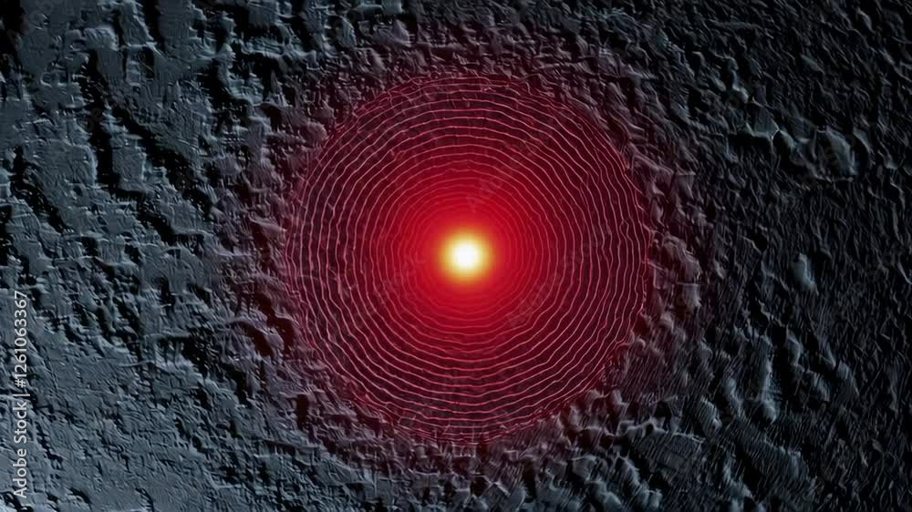 Poster Rippling red concentric circles expanding across damaged dark gray wall, dynamically visualizing seismic wave propagation and geological energy transfer