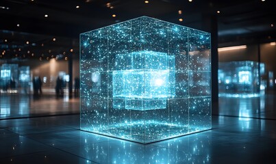 Gleaming Cubic Structures in a Modern Hallway with a Futuristic Aesthetic