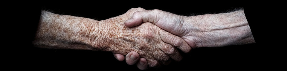Close-up Photograph of Two Elderly Hands Clasped in Handshake
