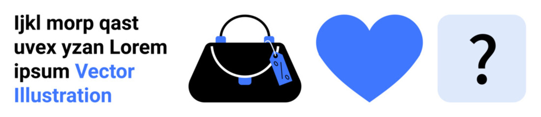 Black bag with tag, blue heart, and question mark suggesting shopping choices, preferences, and decision-making. Ideal for retail, e-commerce, product comparison, fashion sales customer interest
