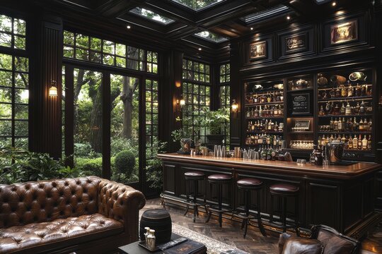 Cozy english pub-inspired den with wooden bar lush outdoor views interior design relaxing ambiance high fidelity appeal