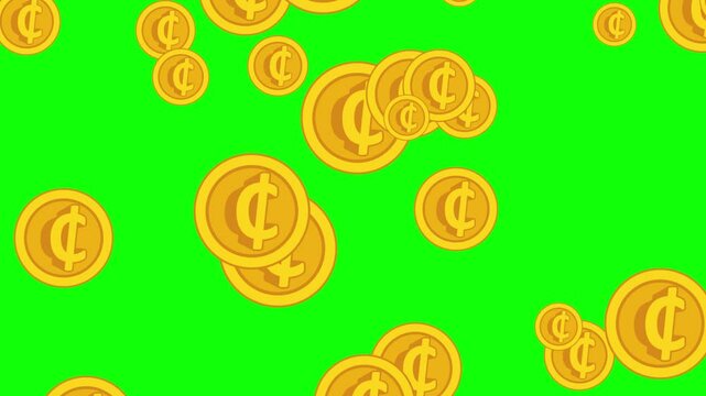 ghana cedi gold coins falling animation. rain coins motion on green screen background. animated 4k chroma key