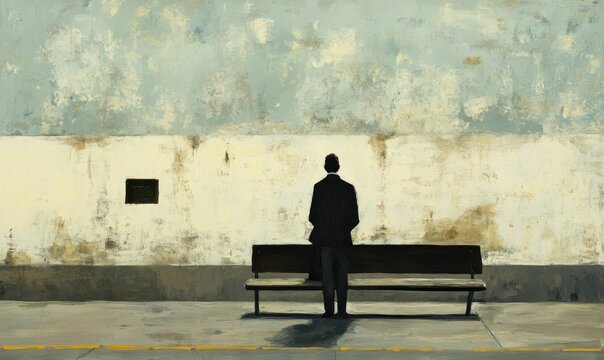 Lone figure awaits, pensive mood, urban setting.